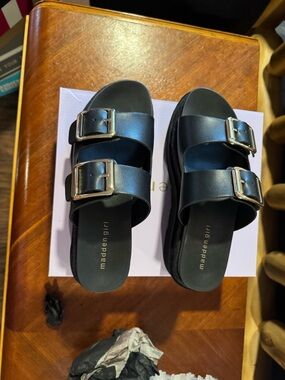 Madden Girl Black Dual Buckle Platform Slide Sandals